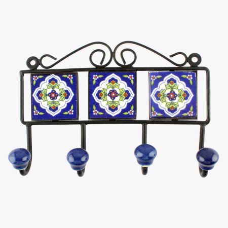 Navy Blue White Ceramic Floral Tiles Hook 